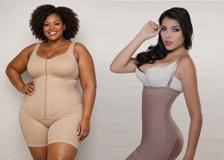 Patients wearing medical compression garments after liposuction of the abdomen.