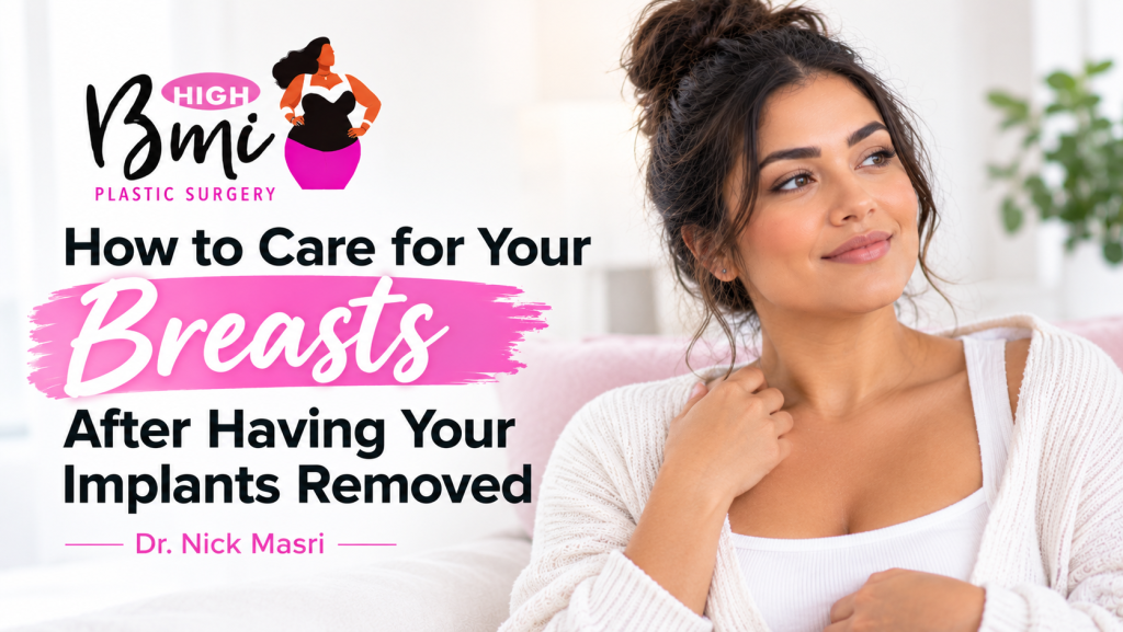 Smiling woman in a cozy white cardigan beside the title How to Care for Your Breasts After Having Your Implants Removed by Dr. Nick Masri
