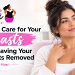 Smiling woman in a cozy white cardigan beside the title How to Care for Your Breasts After Having Your Implants Removed by Dr. Nick Masri